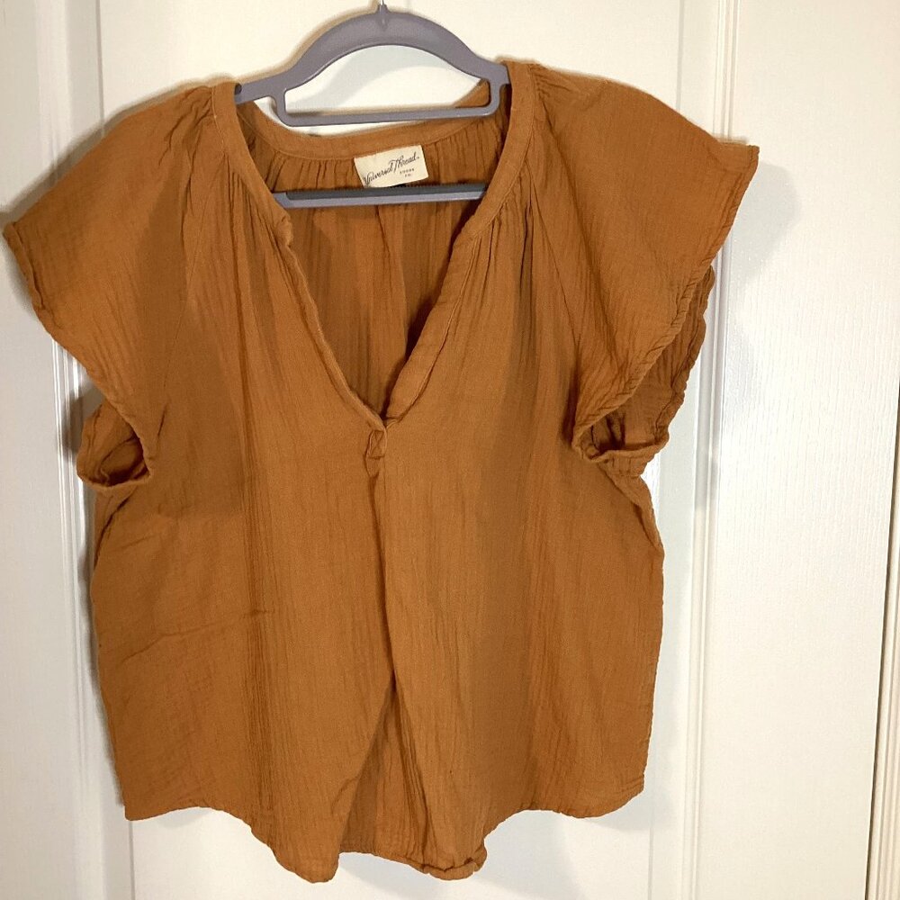 Universal Thread Women's Mustard Cap Sleeve Cotton Blouse Size M V-Neck Top